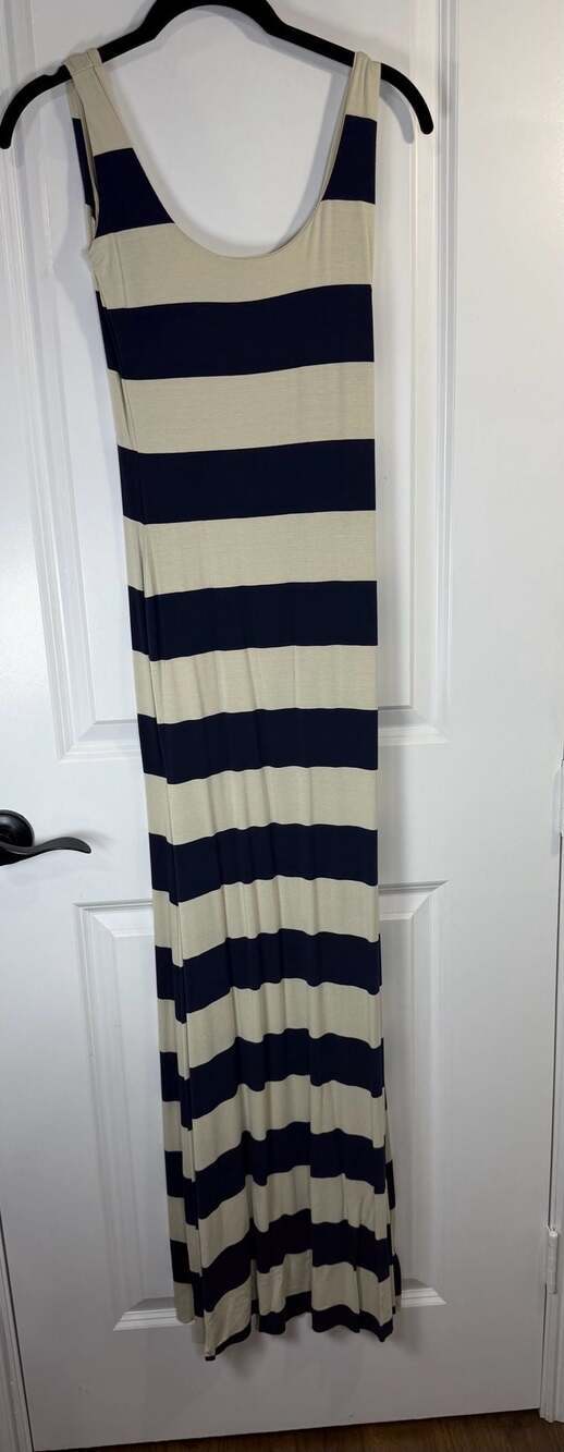 PinkBlush Navy Blue & Beige Striped Sleeveless Low Back Knit Maxi Dress
